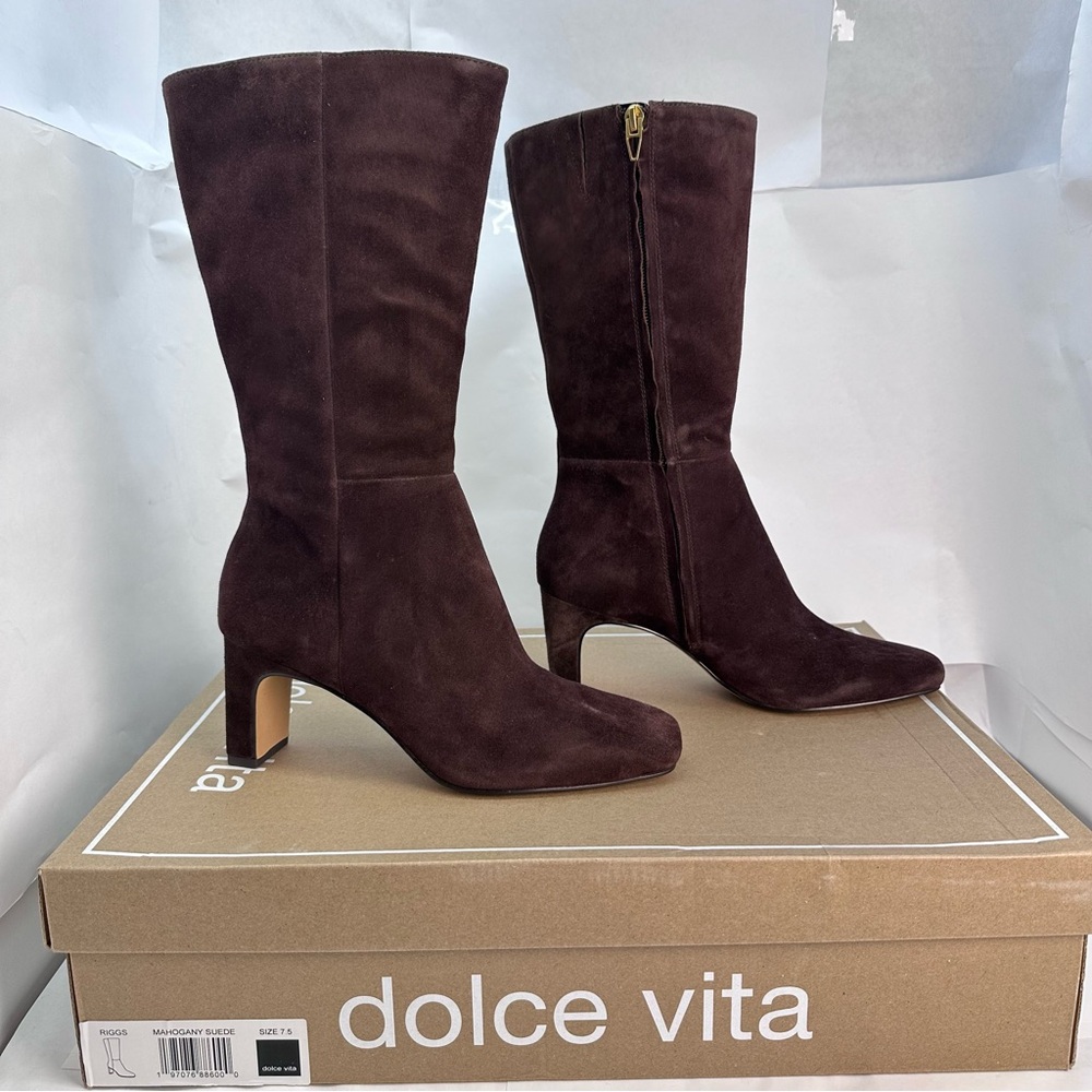 Dolce Vita Riggs Boot in Mahogany suede leather high heeled mid calf brown - Picture 2 of 6